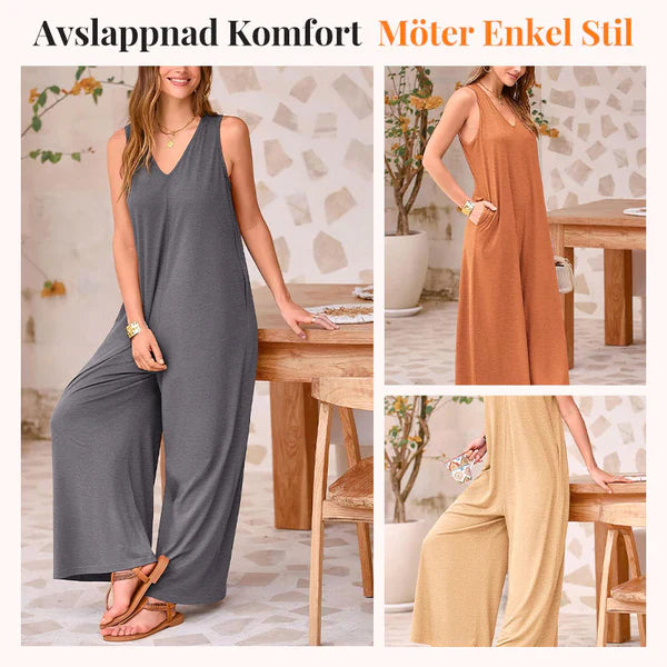 🔥Sista dagen 49% RABATT🔥V-ringad ärmlös jumpsuit med vida ben för kvinnor